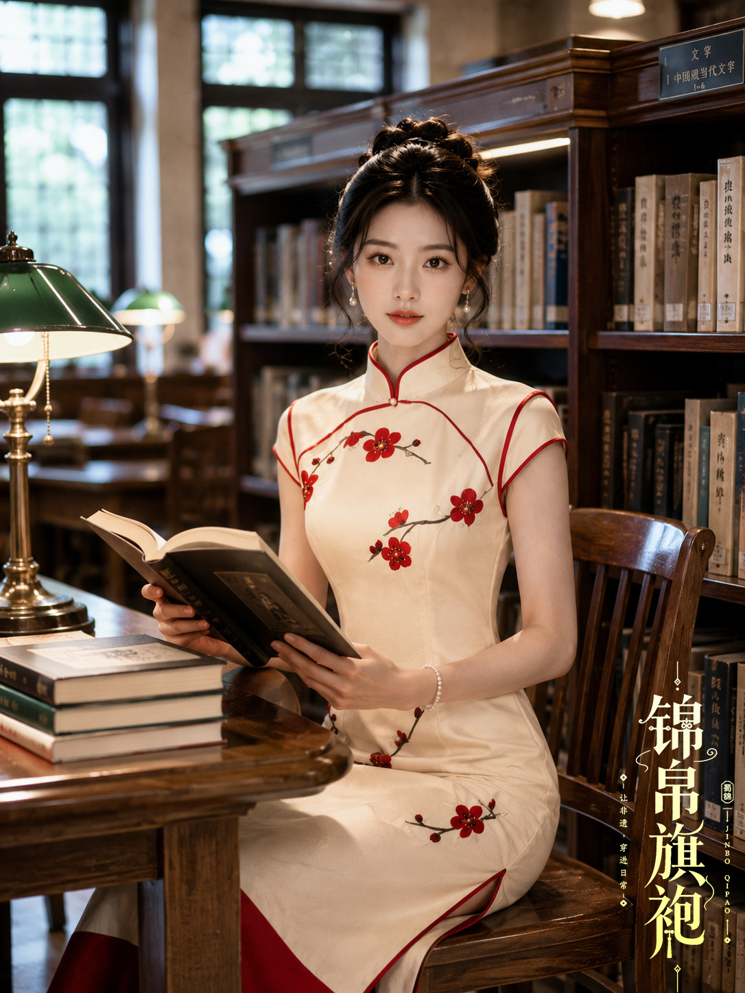 White qipao library portrait