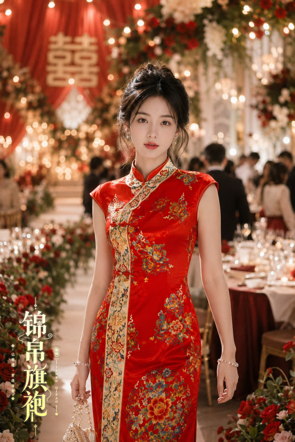 Red qipao wedding banquet scene