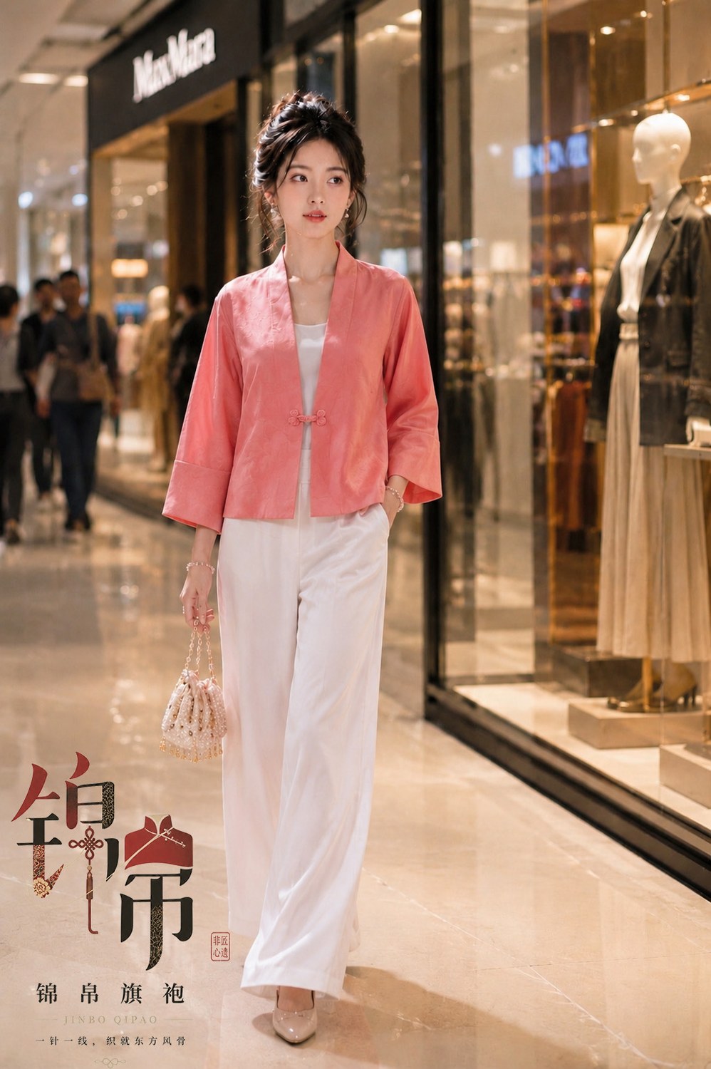 AI-generated qipao fashion model visual with JINBO QIPAO branding