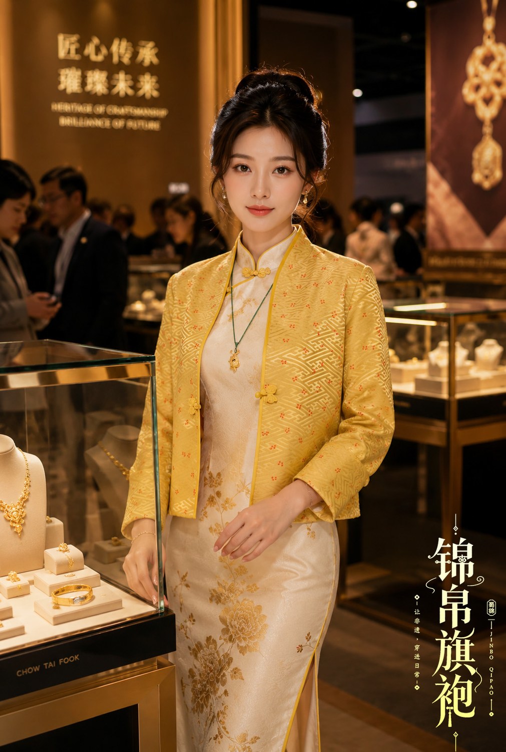Lifestyle AI fashion model scene with JINBO QIPAO branding