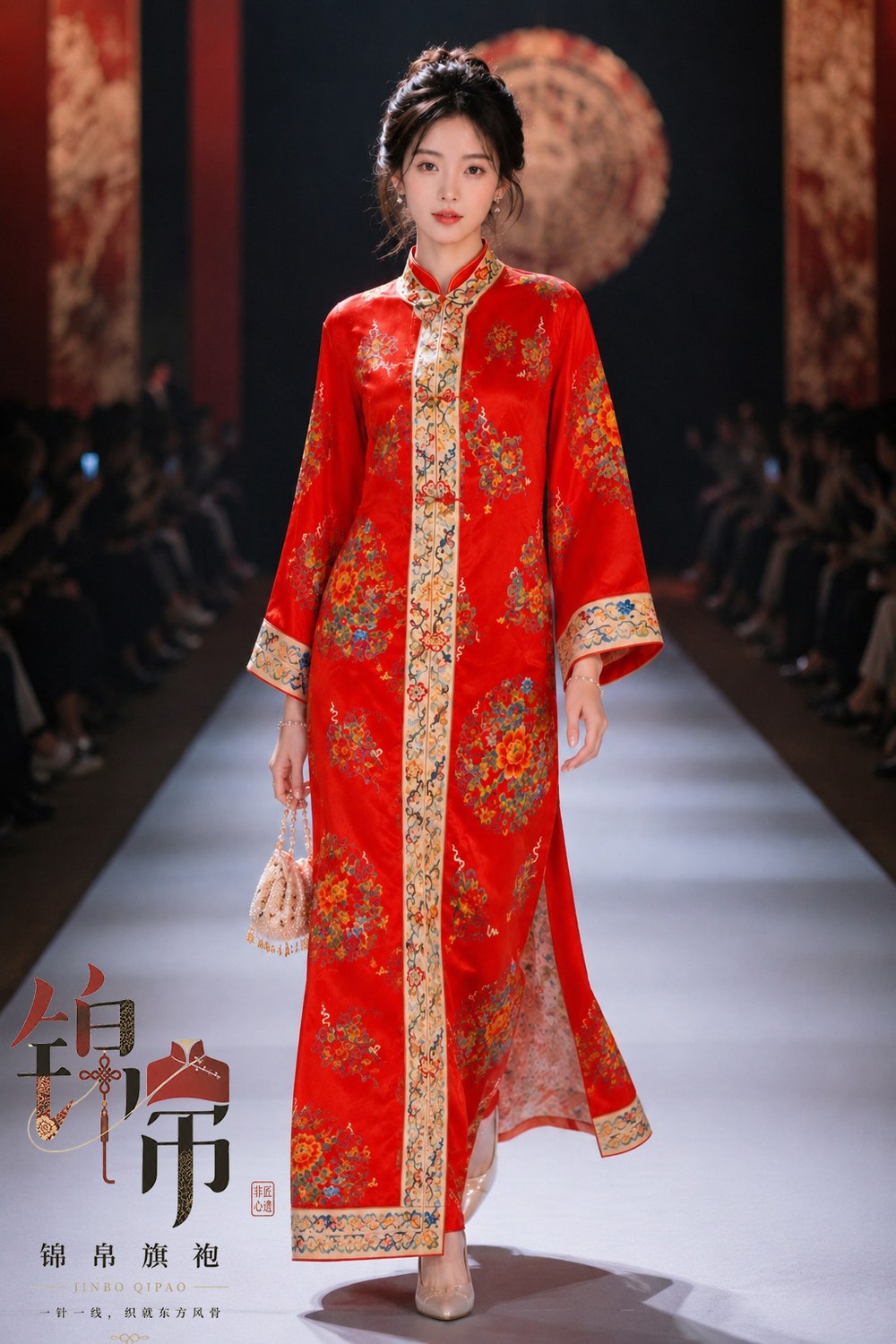 AI fashion model visualization for loose-fit JINBO QIPAO runway promotion