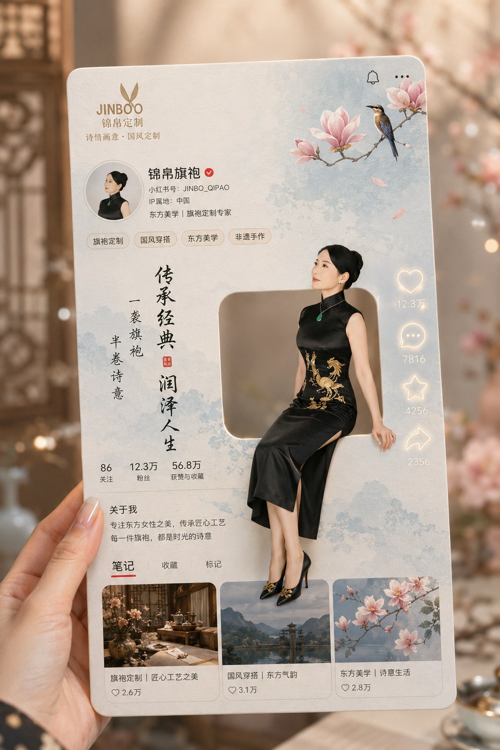 AI Xiaohongshu-style 3D profile card for qipao branding